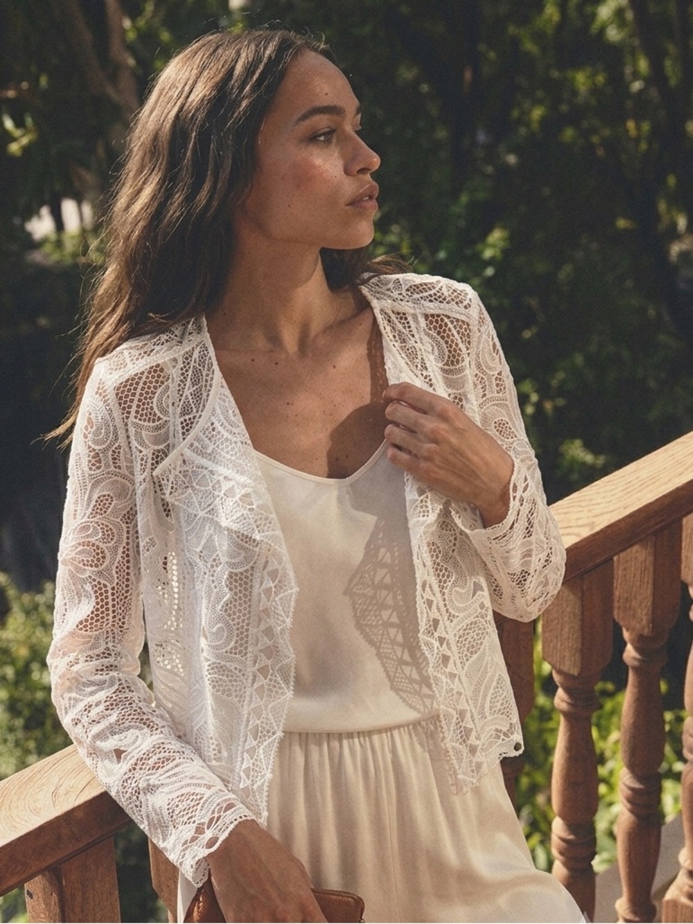 BCBGMaxAzria Textured White Open Front Lace Crop Cardigan